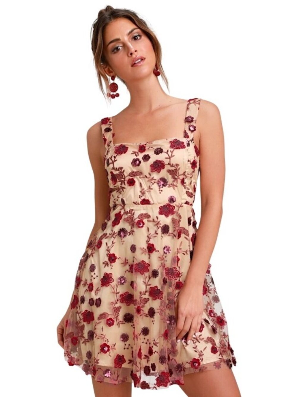 Lulus S Skater Dress Sleeveless Floral Embroidered Pink/Red Satin Sequin Texture